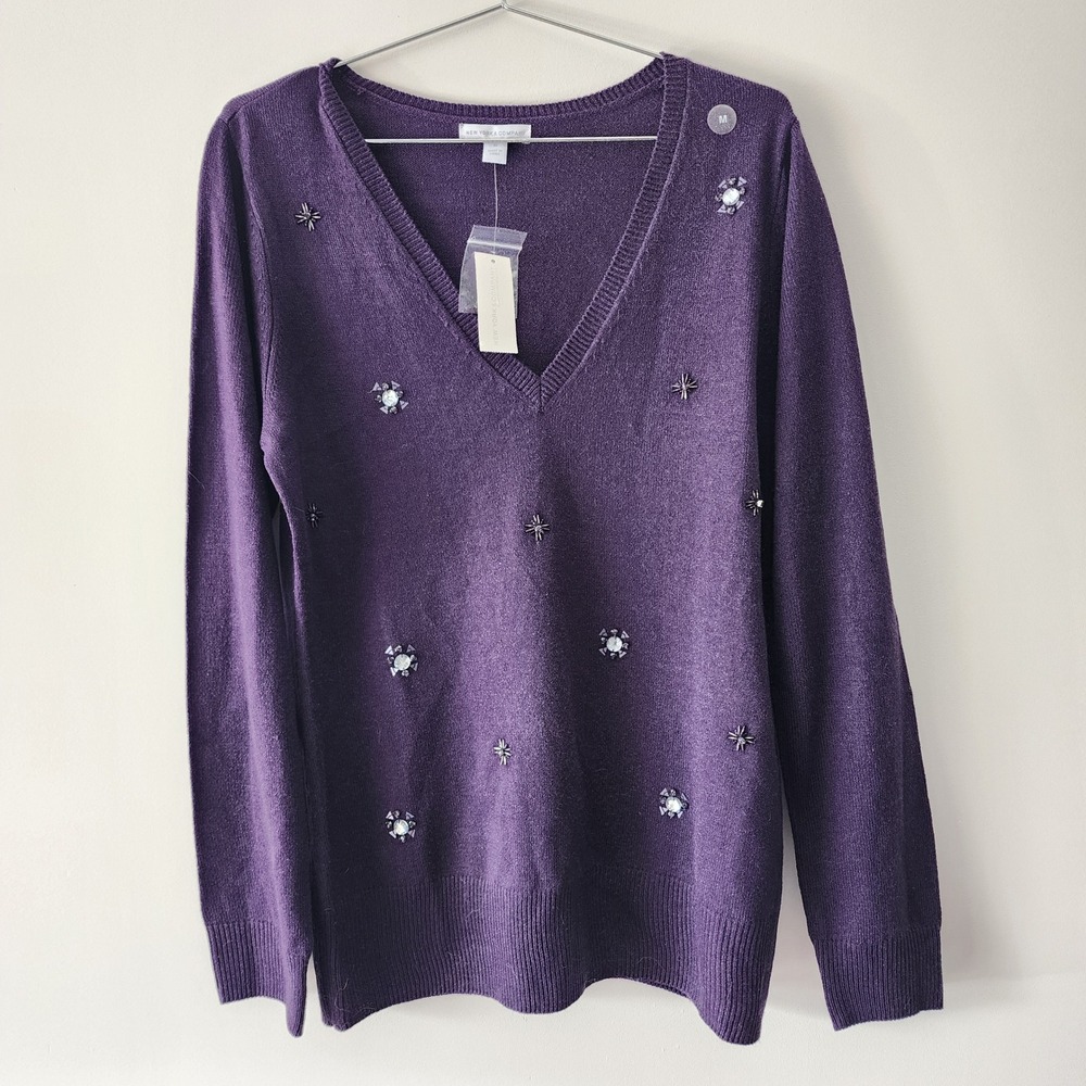 New York & Company Sweater Womens M Purple Embellished Rhinestone Sparkly Knit